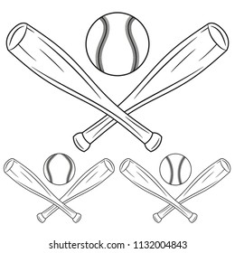 Two crossed wooden baseball bats and ball. Vector illustration isolated on white background. For sport logo, emblem, symbol.