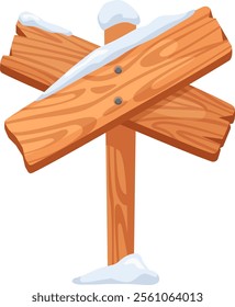 Two crossed wooden planks, blanketed in snow, forming a signpost that points in various directions, perfectly capturing the essence of winter travel and exploration themes