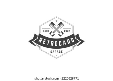 Two crossed wrench automotive repair maintenance mechanic service vintage logo design template vector illustration. Automobile motor car restore workshop garage retro branding identification mark