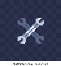 Two crossed wrench icon. Pixel art style. 8-bit sprite. Old school computer graphic style. Isolated vector illustration.