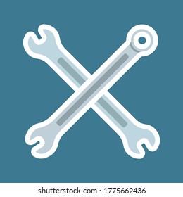 Two crossed Wrenches. Sticker with thick white stroke. icon flat element. vector illustration of wrench icon flat isolated on blue background web app logo design.