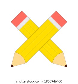 Two crossed yellow pencils with rubber eraser icon in outline Illustration style. Education concept solated on white background