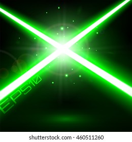 Two Crossing Green Lasers Background. Light Futuristic Swords Fight. Design Elements for your Project. Vector Illustration.