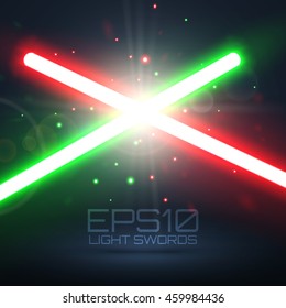 Two Crossing Lasers Background. Red and Green crossed Light Futuristic Swords Fight. Design Elements for your Project. Vector Illustration.