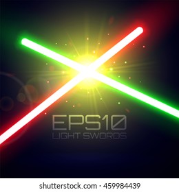 Two Crossing Lasers Background. Red and Green crossed Light Futuristic Swords Fight. Design Elements for your Project. Vector Illustration.