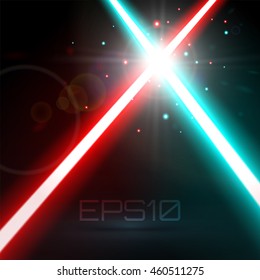Two Crossing Lasers Background. Red and Light Blue crossed Light Futuristic Swords Fight. Design Elements for your Project. Vector Illustration.