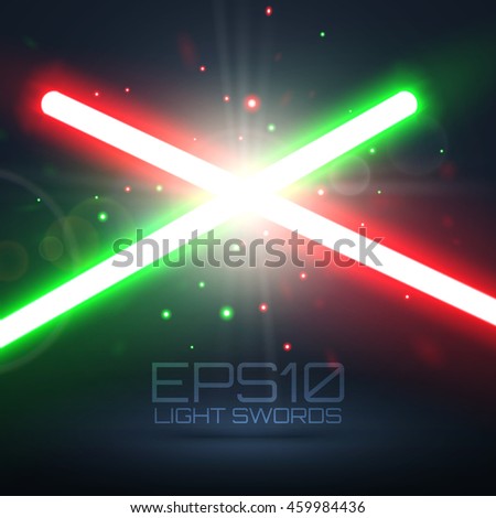 Two Crossing Lasers Background. Red and Green crossed Light Futuristic Swords Fight. Design Elements for your Project. Vector Illustration.