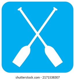Two crossing paddles on blue background, square frame, vector icon
