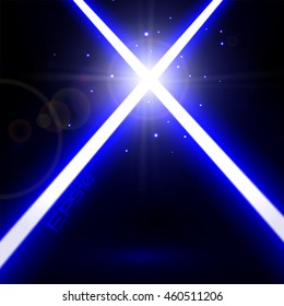 Two Crossing Yellow Lasers Background. Light Futuristic Swords Fight. Design Elements for your Project. Vector Illustration.