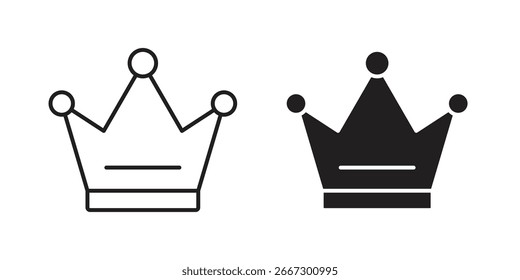 Dois ícones de coroa, uma arte de linha e um preto sólido, isolado em branco. Design simples, perfeito para logotipos ou aplicativos.