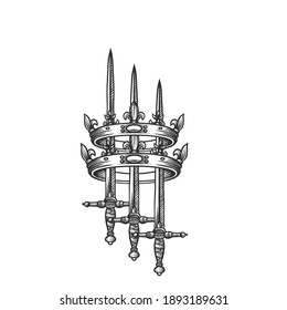 Two crowns and three swords. Can be used as a sketch of a tattoo.