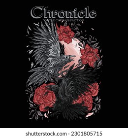 two crows fighting against a beautiful red flower background. Crows are synonymous with death because they behave strangely around their dead species. svg