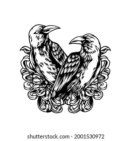 Two Crows With Flowers Silhouette Illustration for your business or merchandise