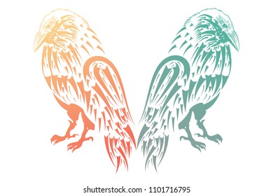 Two crows in gradient color. Tatu. Design drawing.