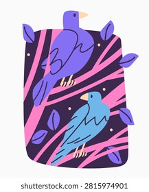 Two crows sitting on tree branches. Halloween flat retro vector illustration