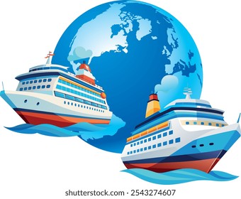 Two cruise ships sailing around stylized earth globe, representing international travel and cruise vacation concept