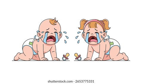 Dois bebês chorando com chupetas e lágrimas caindo pelas bochechas