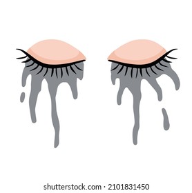 Two Crying eye. Smeared mascara. Black ink cosmetics on face. Closed eyelid with eyelashes. Stress and frustration. Flat cartoon