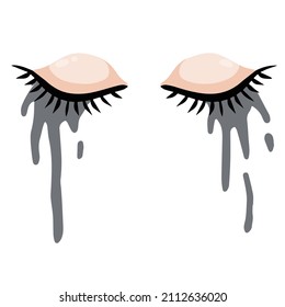 Two Crying eye. Smeared mascara. Black ink cosmetics on face. Closed eyelid with eyelashes. Stress and frustration. Flat cartoon