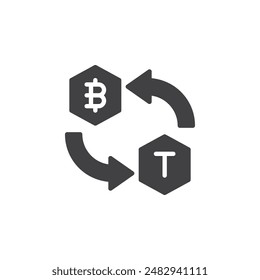 Two cryptocurrency tokens with arrows vector icon. filled flat sign for mobile concept and web design. Token Swap glyph icon. Symbol, logo illustration. Vector graphics