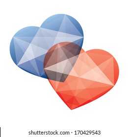 two crystal like hearts- blue and red