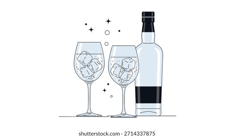 Two crystal wine glasses with ice cubes and a tall wine bottle stand on a clean surface as bubbles rise and a subtle sparkle fills the scene.