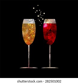 Two crystal wineglasses of sparkling wines on the black background. Polygonal vector illustration.
