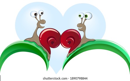 Two csrtoon snails with red shells on adjacent leaves look at each other in love on the blue heart shape background