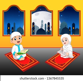 the two cte children are reading al quran on their prayer rug near the window
