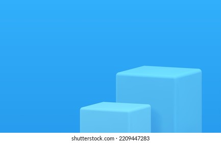 Two cubes 3d stage geometric podium level stairs blue studio background design realistic vector illustration. Squared scene pedestal showcase stand minimalist rendering arena stage design