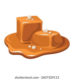 Two cubes of melting salted caramel on a white background surrounded by a shiny puddle, perfect for desserts.