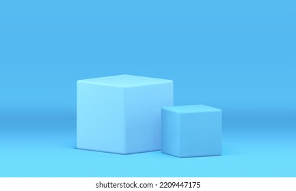 Two cubes squared pedestal blue 3d stage studio background for product advertising realistic vector illustration. Geometric podium platform showcase display abstract award arena foundation design