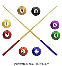 Two cue and billiard balls on a white background