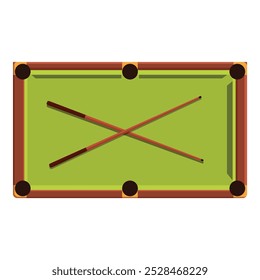 Two cues are lying crossed on the green baize of a pool table, ready for a game