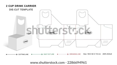 Two cup drinks carrier box die cut template, Disposable cardboard drink holder coffee