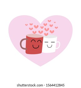 Two cup with smiling face and mini hearts above, Valentine's day and coffee shop concept. 