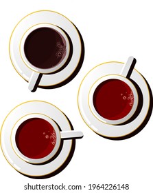Two cup of tea and a cup of black coffee in white ceramic cups. A view from above. Top view. Isolated. Cartoon vector illustration.