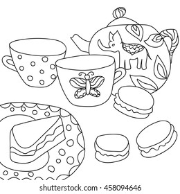 Two cup tea, teapot and cake, macaroon. Adult coloring page