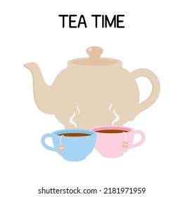Dos tazas de té y una tetera. Tiempo de té, desayuno, ceremonia de té japón, inglés, tetera.