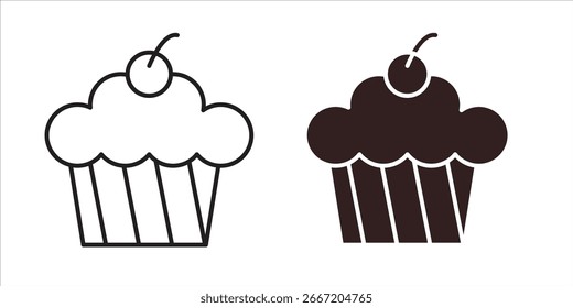Two cupcake icons: one line art, one solid. Both feature a cherry on top. Isolated on white.