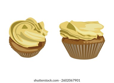 Two cupcake with yellow frosting on top, different point of view, isolated on white background
