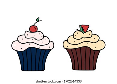 Two cupcakes with cream cherries and strawberries, vector illustration on a white background.