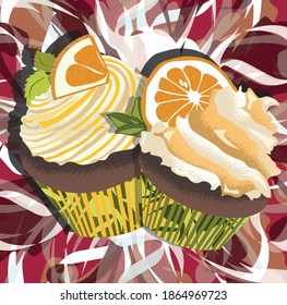 Two cupcakes decorated with orange slices on the red background