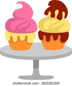 Two cupcakes on a plate, illustration, vector on white background