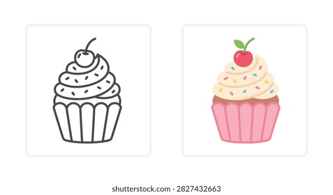 Two cupcakes one as a black outline silhouette against a white background