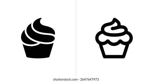 Dois cupcakes representados como ícones. Um é um preenchimento preto sólido, enquanto o outro é um contorno, mostrando ambos os estilos em fundos brancos brilhantes, gráfico vetorial limpo.