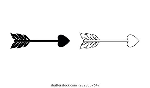 Two cupid arrows with heart shaped tips in solid black and outline style for romantic design projects