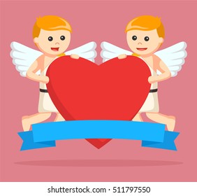 two cupid holding big heart and banner
