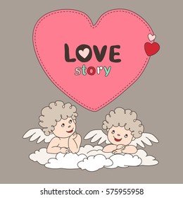 Two cupid on a cloud and bubble form heart.