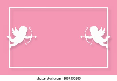 two cupids and frame with pink background.Paper art concept.